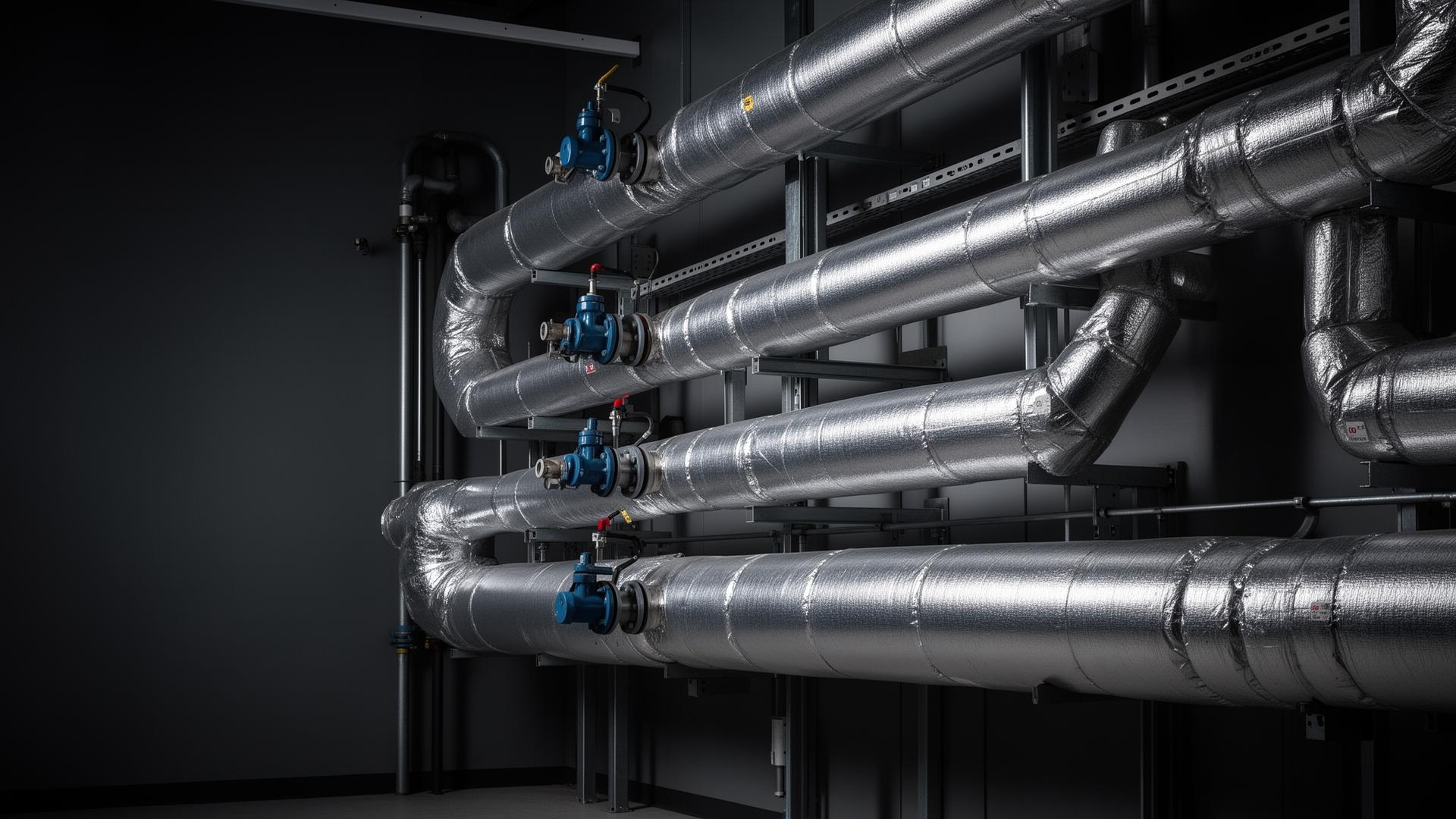 Insulated industrial pipework in a commercial plant room